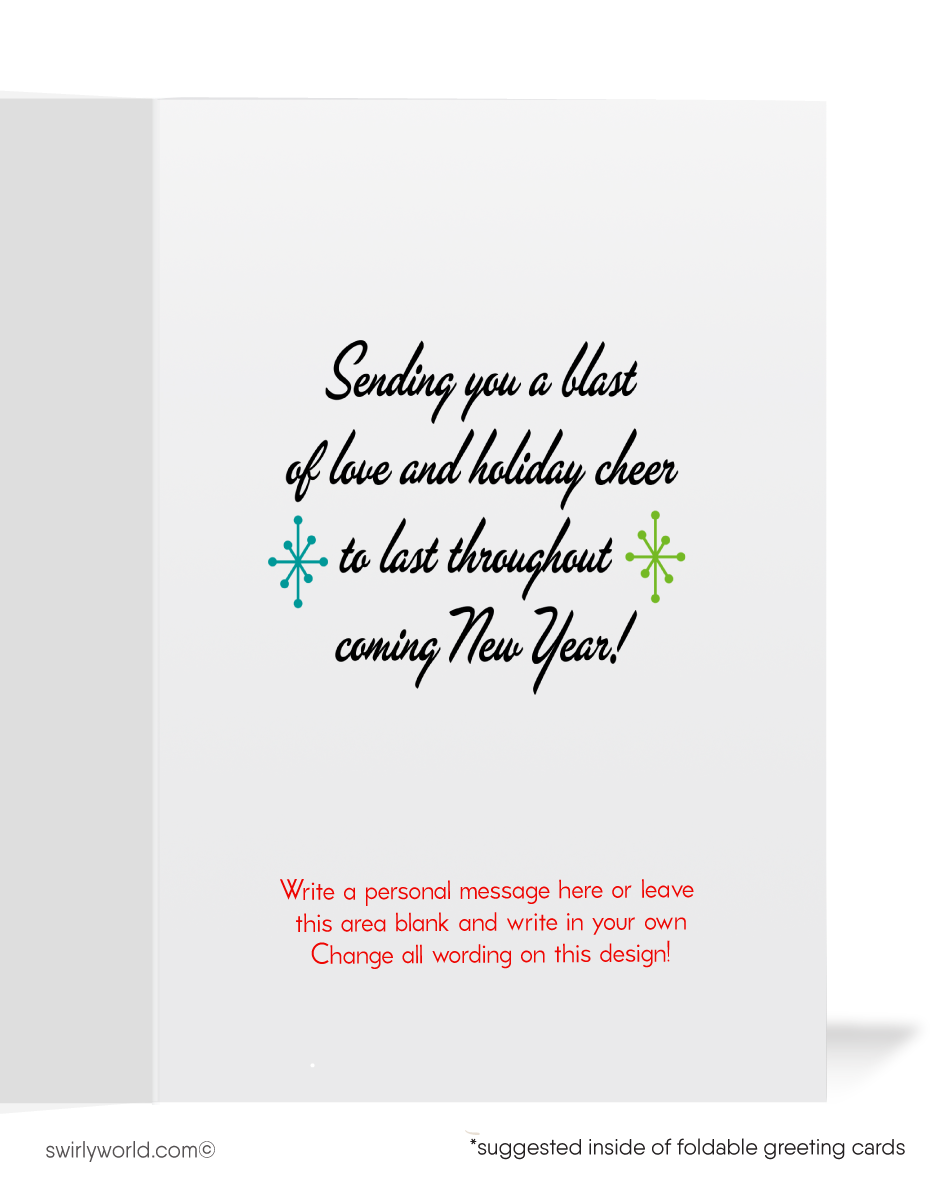 Celebrate the holidays with a vintage 1960s-inspired Christmas card featuring an adorable snowman couple in a classic mid-century design. Nostalgic and charming!