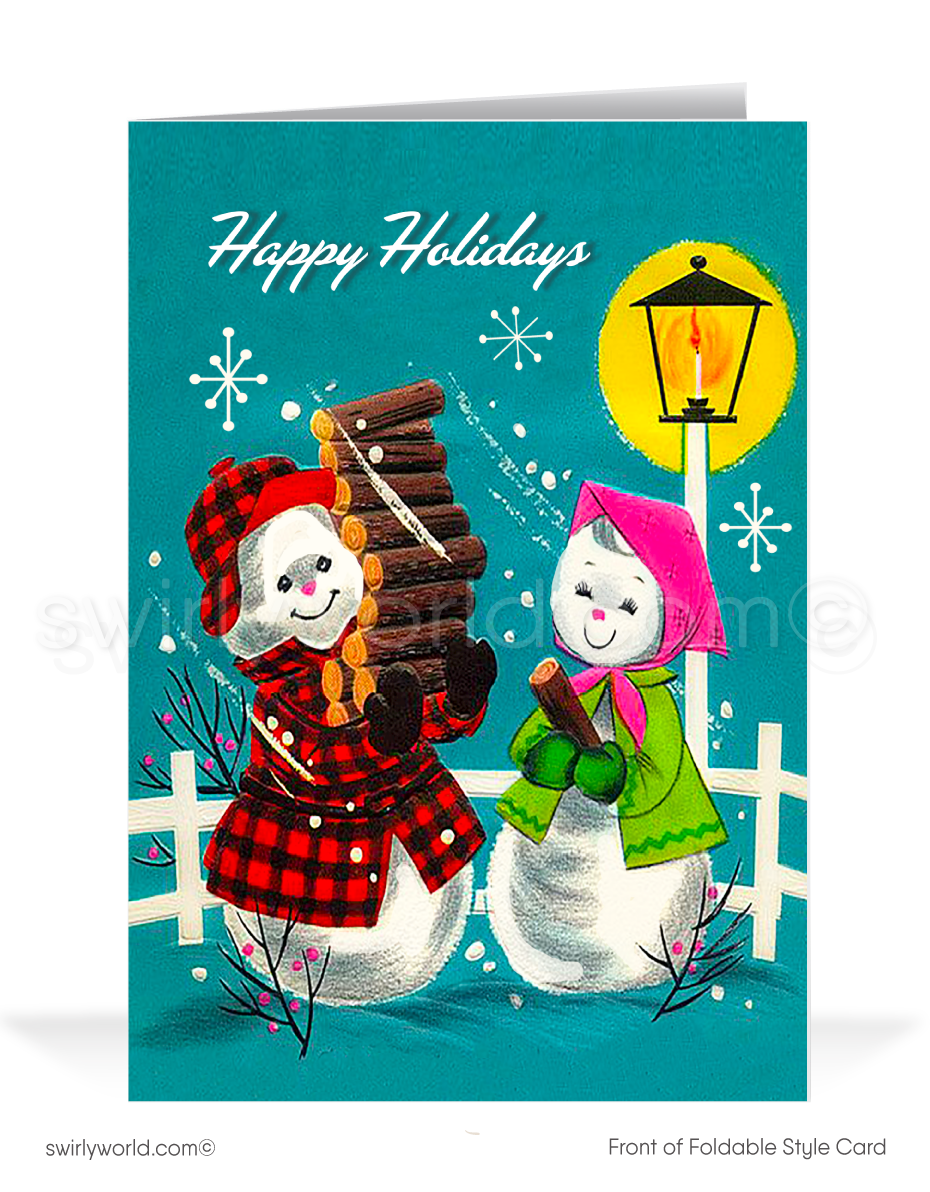Celebrate the holidays with a vintage 1960s-inspired Christmas card featuring an adorable snowman couple in a classic mid-century design. Nostalgic and charming!