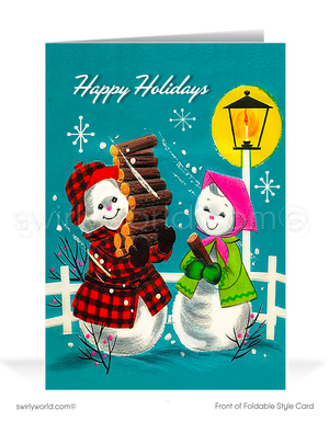 Celebrate the holidays with a vintage 1960s-inspired Christmas card featuring an adorable snowman couple in a classic mid-century design. Nostalgic and charming!