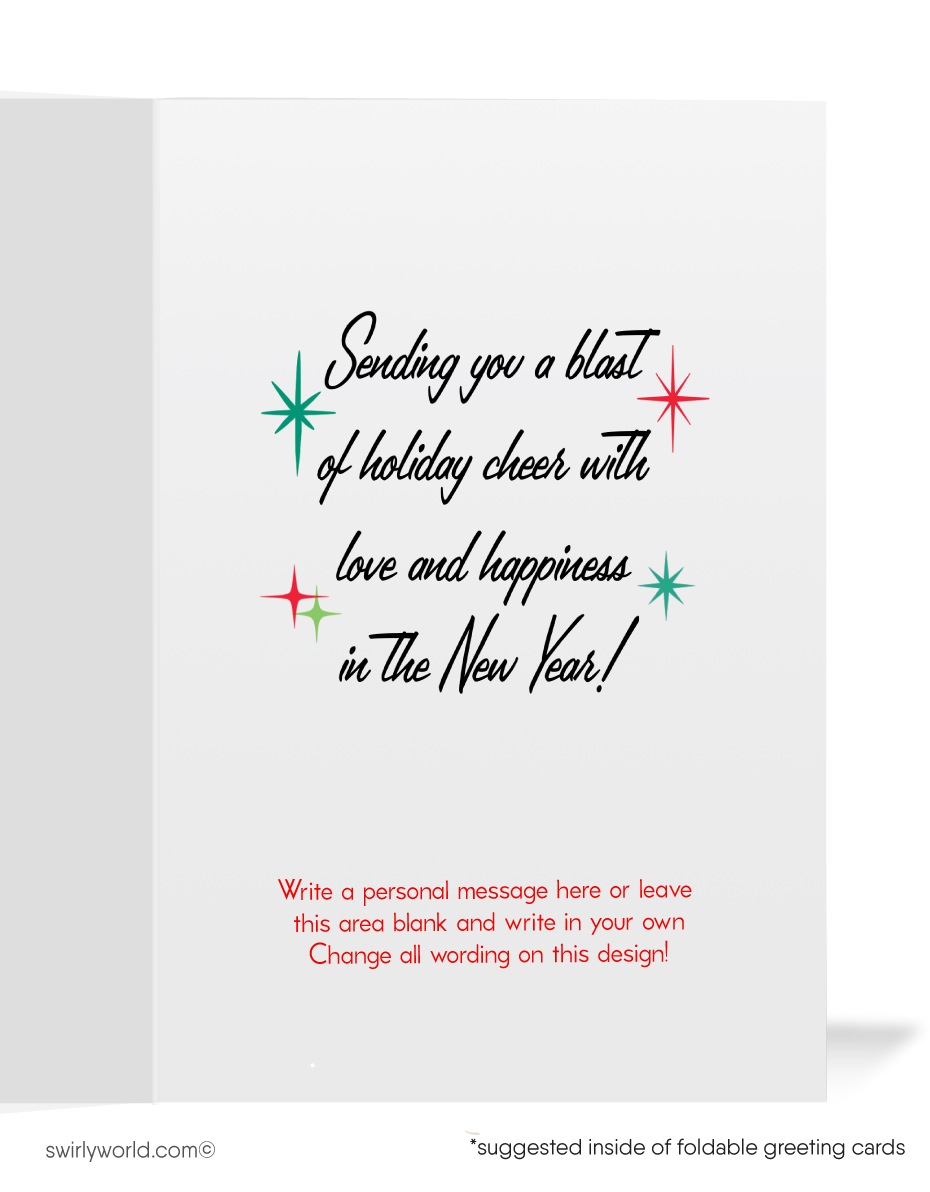 Vintage 1950s-1960s Christmas Card - Kitschy Snowman with Christmas Tree, MCM Reindeer & Atomic Starbursts