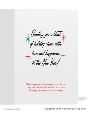 Vintage 1950s-1960s Christmas Card - Kitschy Snowman with MCM Reindeer & Atomic Starbursts