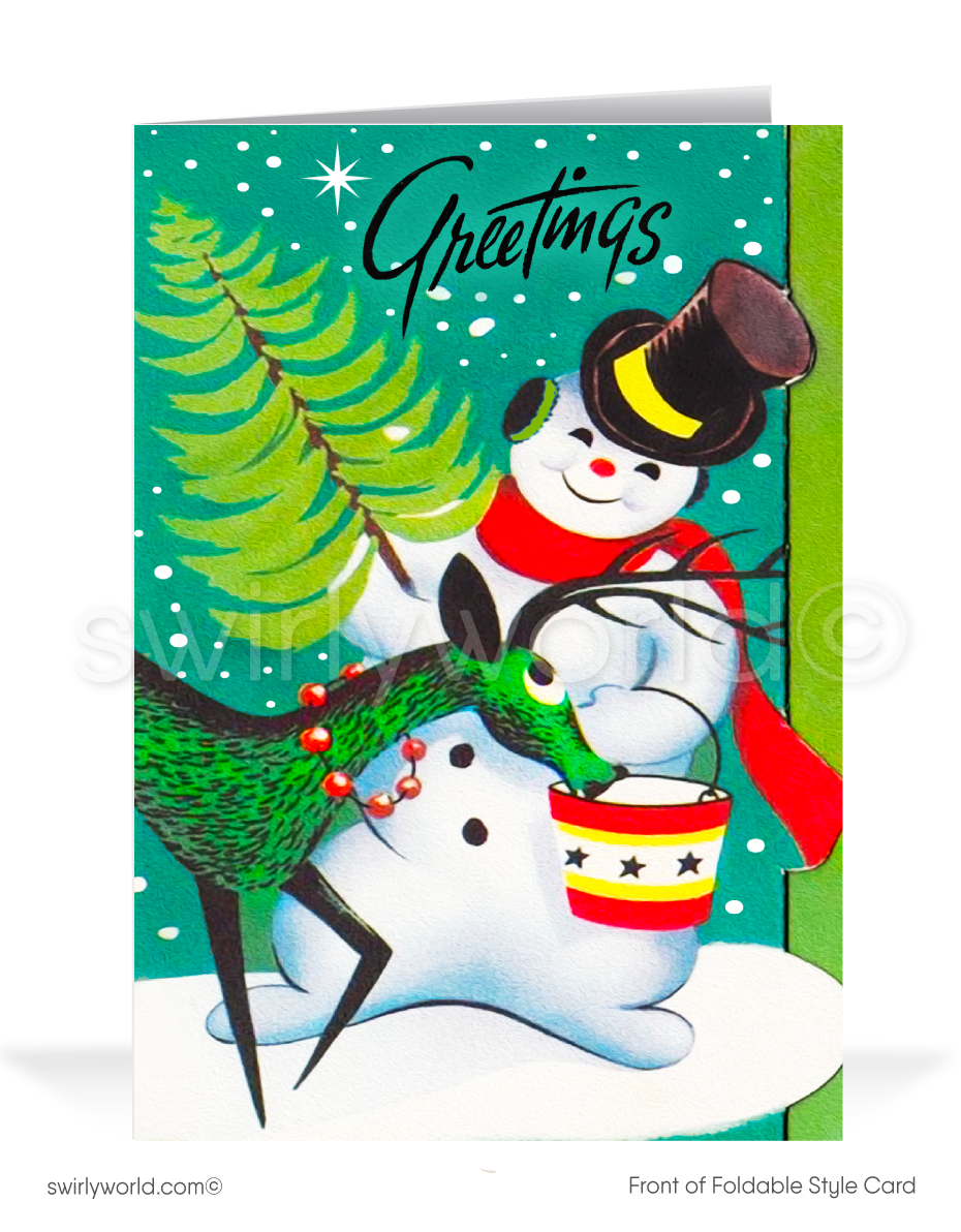 Vintage 1950s-1960s Christmas Card - Kitschy Snowman with Christmas Tree, MCM Reindeer & Atomic Starbursts