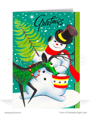 Vintage 1950s-1960s Christmas Card - Kitschy Snowman with Christmas Tree, MCM Reindeer & Atomic Starbursts