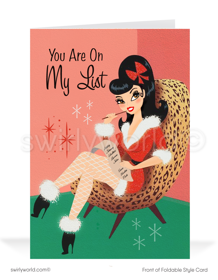 Rockabilly 1950s Style Retro Christmas Card – Ms. Claus in Leopard-Print Chair