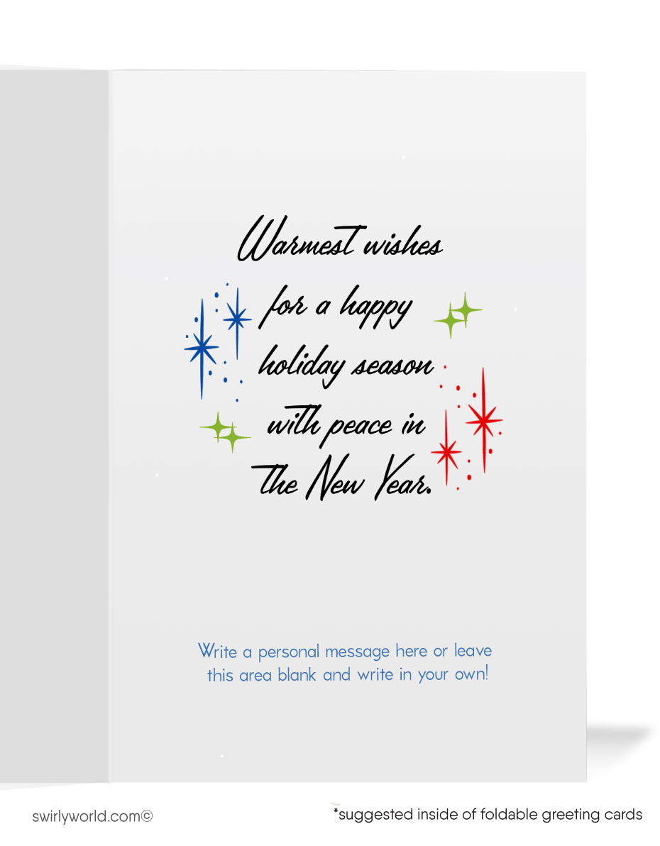 Vintage 1950s Christmas Card – Mid-Century Airstream in Snowy Forest with Illuminated Tree, Retro Holiday Scene