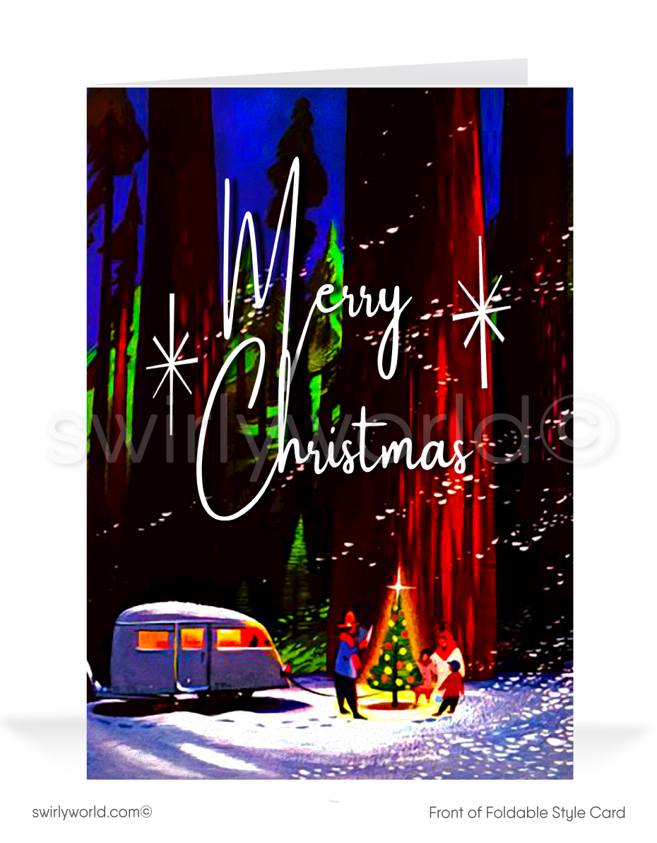 Vintage 1950s Christmas Card – Mid-Century Airstream in Snowy Forest with Illuminated Tree, Retro Holiday Scene