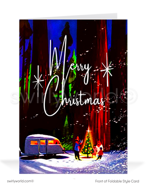 Vintage 1950s Christmas Card – Mid-Century Airstream in Snowy Forest with Illuminated Tree, Retro Holiday Scene