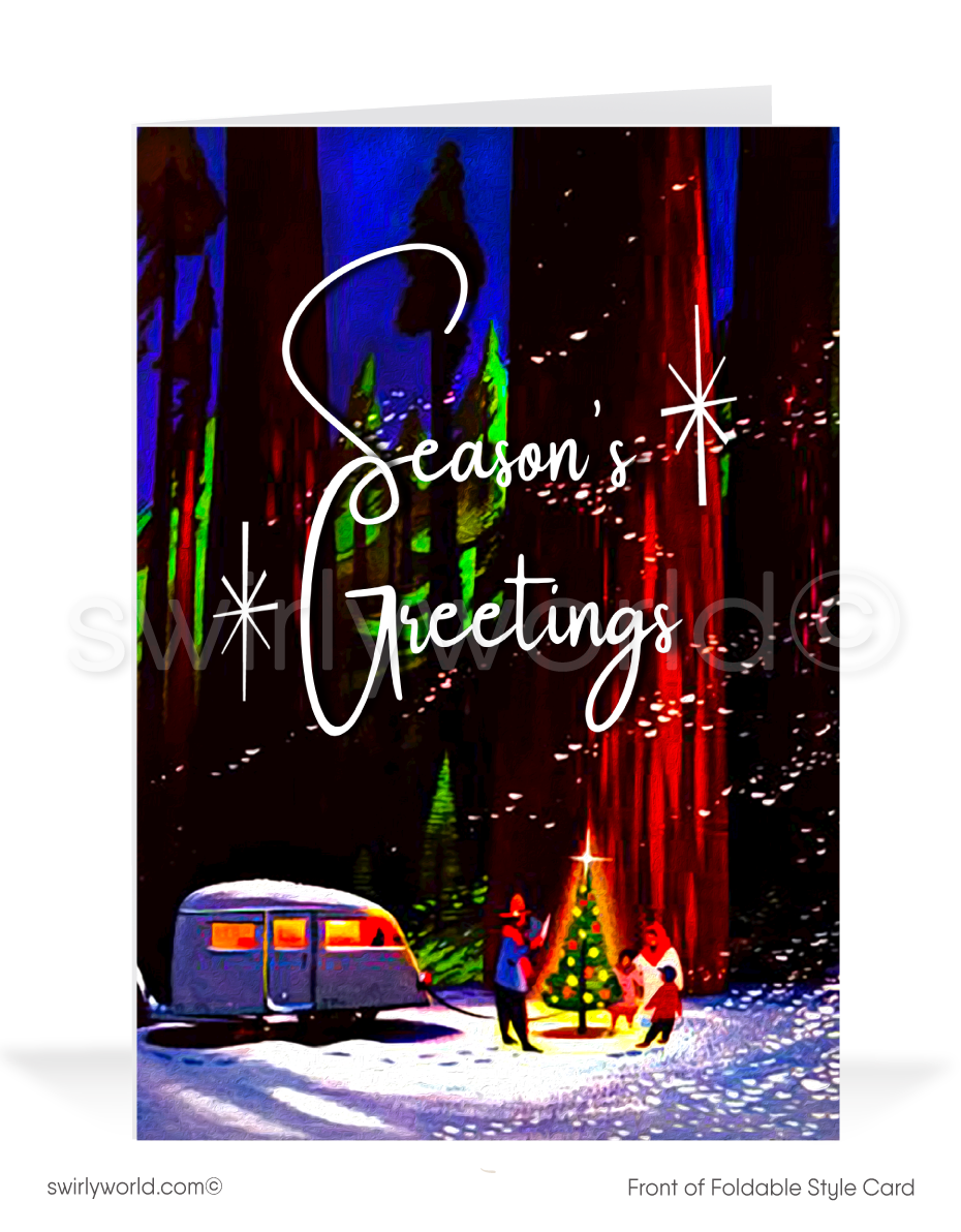 Celebrate Christmas with a vintage 1950s card featuring an Airstream trailer in a snowy forest, a glowing tree, and a family gathering. Nostalgic holiday charm!