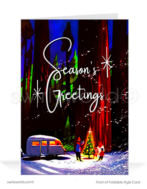 Celebrate Christmas with a vintage 1950s card featuring an Airstream trailer in a snowy forest, a glowing tree, and a family gathering. Nostalgic holiday charm!