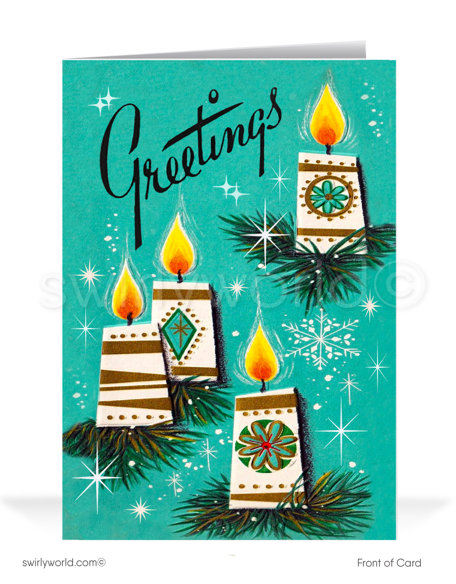 1950s-60s Vintage Mid-Century Christmas Card -Atomic Candles and Starbursts in MCM Colors