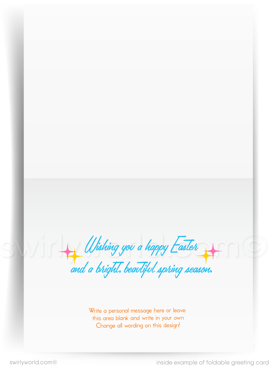 Retro Easter Greeting Card – Mid-Century Bunny Silhouettes & Atomic Starburst – Vintage Spring Holiday Card