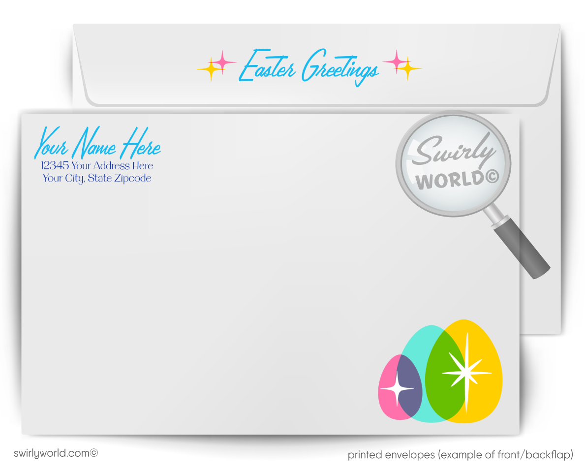 Retro Easter Greeting Card – Mid-Century Bunny Silhouettes & Atomic Starburst – Vintage Spring Holiday Card