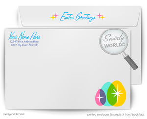 Retro Easter Greeting Card – Mid-Century Bunny Silhouettes & Atomic Starburst – Vintage Spring Holiday Card