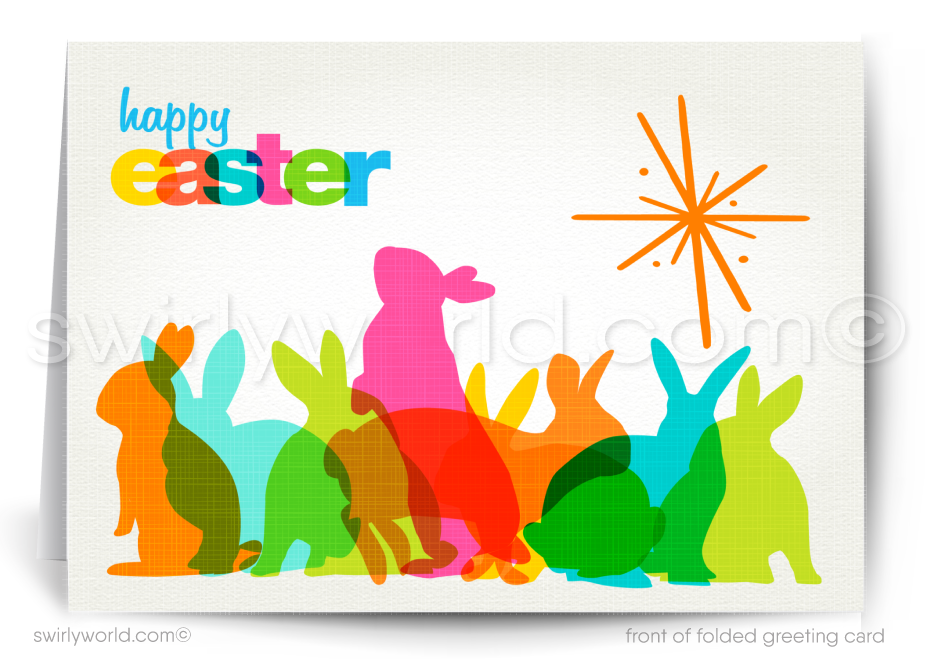Retro Easter Greeting Card – Mid-Century Bunny Silhouettes & Atomic Starburst – Vintage Spring Holiday Card