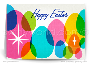 Retro Easter Greeting Card – Colorful Egg Collage, Bold Mid-Century Typography & Customizable Design