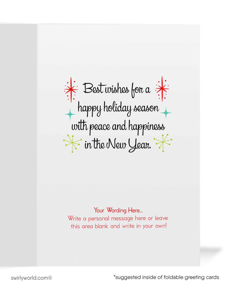 1950s-1960s mid-century living room adorned for the holidays with a cozy roaring fire, stockings hung from the mantel, and a striking atomic clock. 