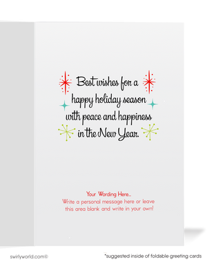 Vintage Mid-Century Christmas Card – Cozy 1950s Living Room with Stockings & Atomic Clock, Customizable Holiday Greeting