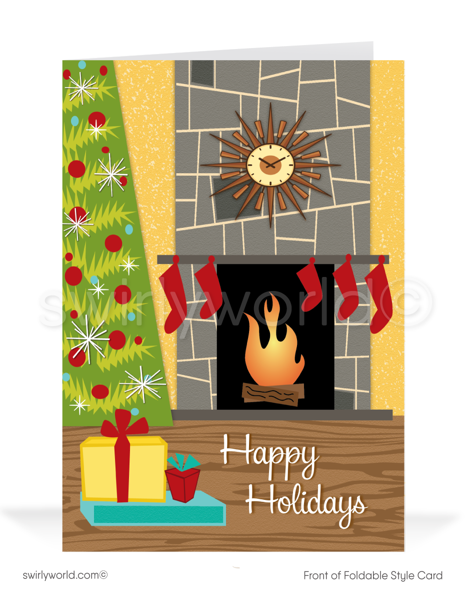 1950s-1960s mid-century living room adorned for the holidays with a cozy roaring fire, stockings hung from the mantel, and a striking atomic clock. 