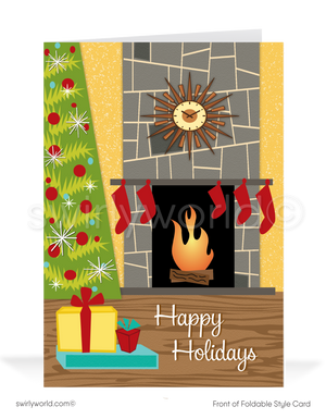 1950s-1960s mid-century living room adorned for the holidays with a cozy roaring fire, stockings hung from the mantel, and a striking atomic clock. 