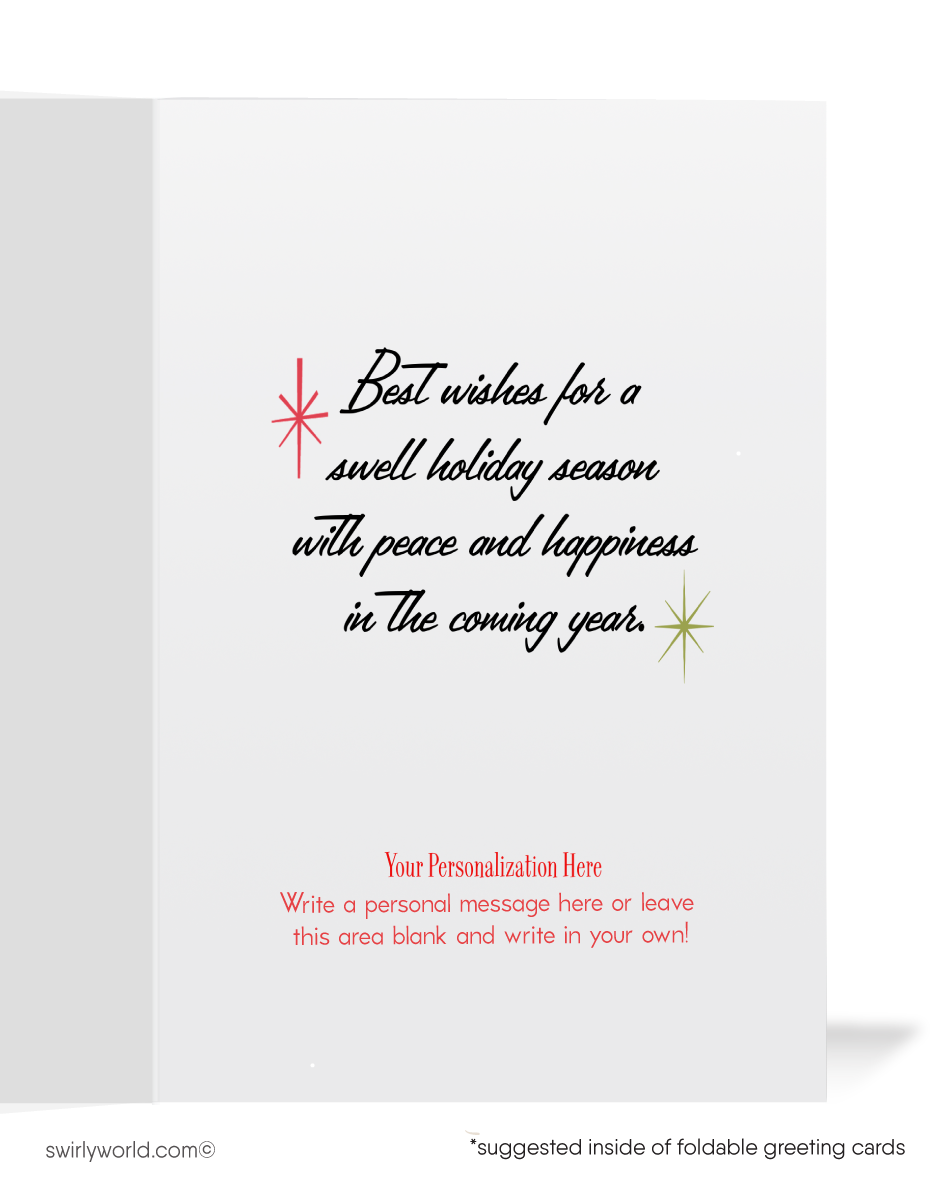 1960s Retro Mid-Century Holiday Card – Chic Girl with Gift & Wreath, Vintage Christmas Greeting