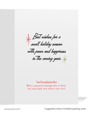 1960s Retro Mid-Century Holiday Card – Chic Girl with Gift & Wreath, Vintage Christmas Greeting