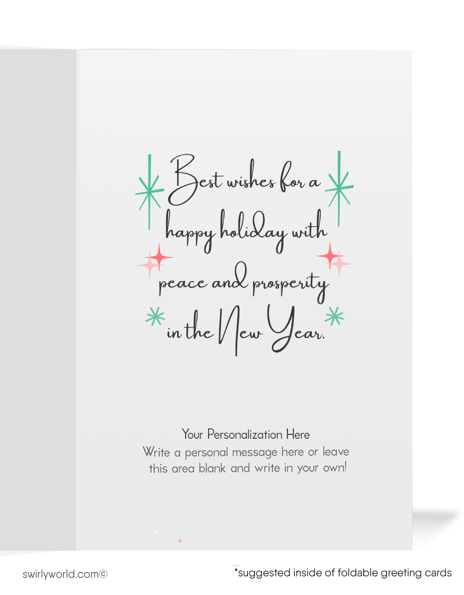 Vintage Christmas Card with 1950s White Deer, Pink & Aqua Mid-Century Modern Design, Atomic Starbursts - Retro Holiday Charm