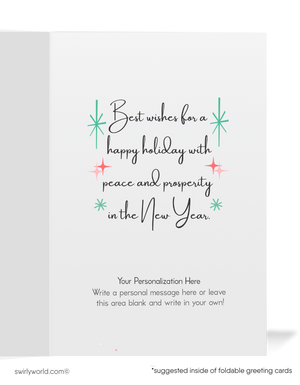 Vintage Christmas Card with 1950s White Deer, Pink & Aqua Mid-Century Modern Design, Atomic Starbursts - Retro Holiday Charm