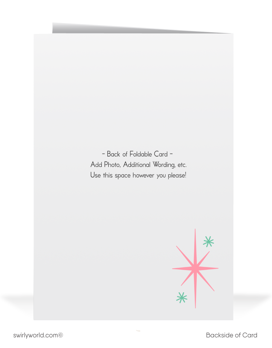 Vintage Christmas Card with 1950s White Deer, Pink & Aqua Mid-Century Modern Design, Atomic Starbursts - Retro Holiday Charm