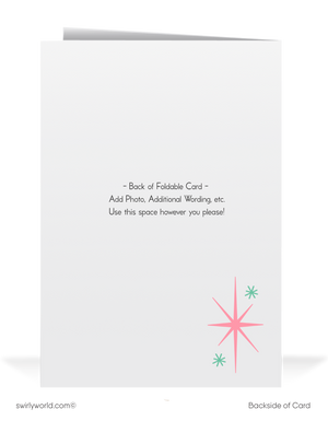 Vintage Christmas Card with 1950s White Deer, Pink & Aqua Mid-Century Modern Design, Atomic Starbursts - Retro Holiday Charm