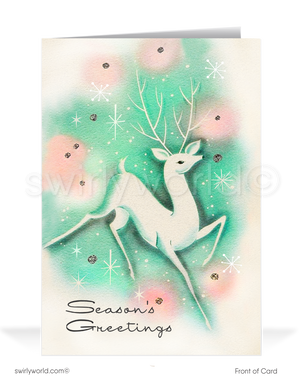 Vintage Christmas Card with 1950s White Deer, Pink & Aqua Mid-Century Modern Design, Atomic Starbursts - Retro Holiday Charm