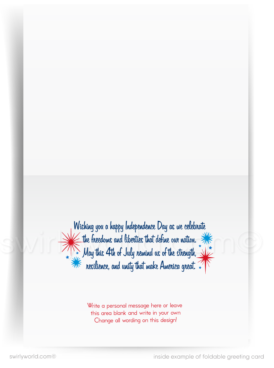 Celebrate America with a retro 4th of July card featuring bold red, white & blue, vintage starbursts, boomerangs & patriotic mid-century modern style.