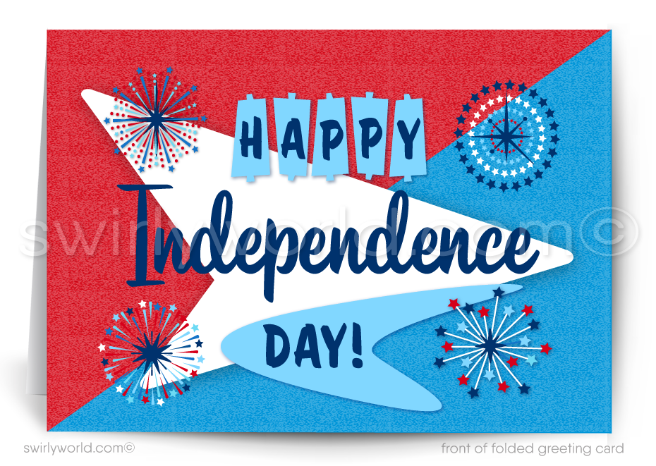Celebrate America with a retro 4th of July card featuring bold red, white & blue, vintage starbursts, boomerangs & patriotic mid-century modern style.