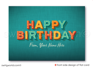 Celebrate your clients' special day with our exclusive Happy Birthday cards featuring retro-style typography on a blue cross-stitch pattern background. Choose between folded or flat cards. Printed on thick card stock with matching envelopes. Upgrade to customized envelopes with your logo for a professional touch.