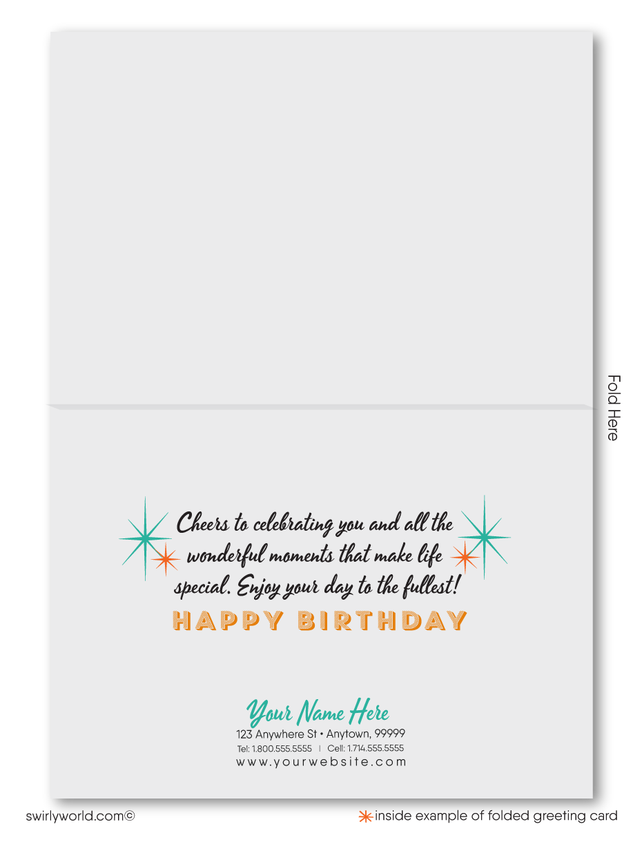 Celebrate your clients' special day with our exclusive Happy Birthday cards featuring retro-style typography on a blue cross-stitch pattern background. Choose between folded or flat cards. Printed on thick card stock with matching envelopes. Upgrade to customized envelopes with your logo for a professional touch.