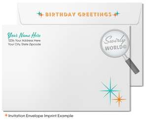 Celebrate your clients' special day with our exclusive Happy Birthday cards featuring retro-style typography on a blue cross-stitch pattern background. Choose between folded or flat cards. Printed on thick card stock with matching envelopes. Upgrade to customized envelopes with your logo for a professional touch.