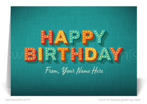 Celebrate your clients' special day with our exclusive Happy Birthday cards featuring retro-style typography on a blue cross-stitch pattern background. Choose between folded or flat cards. Printed on thick card stock with matching envelopes. Upgrade to customized envelopes with your logo for a professional touch.