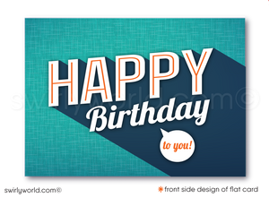 Celebrate your clients' special day with our exclusive Happy Birthday cards featuring retro-style typography on an orange cross-stitch pattern background. Choose between folded or flat cards. Printed on thick card stock with matching envelopes. Upgrade to customized envelopes with your logo for a professional touch.