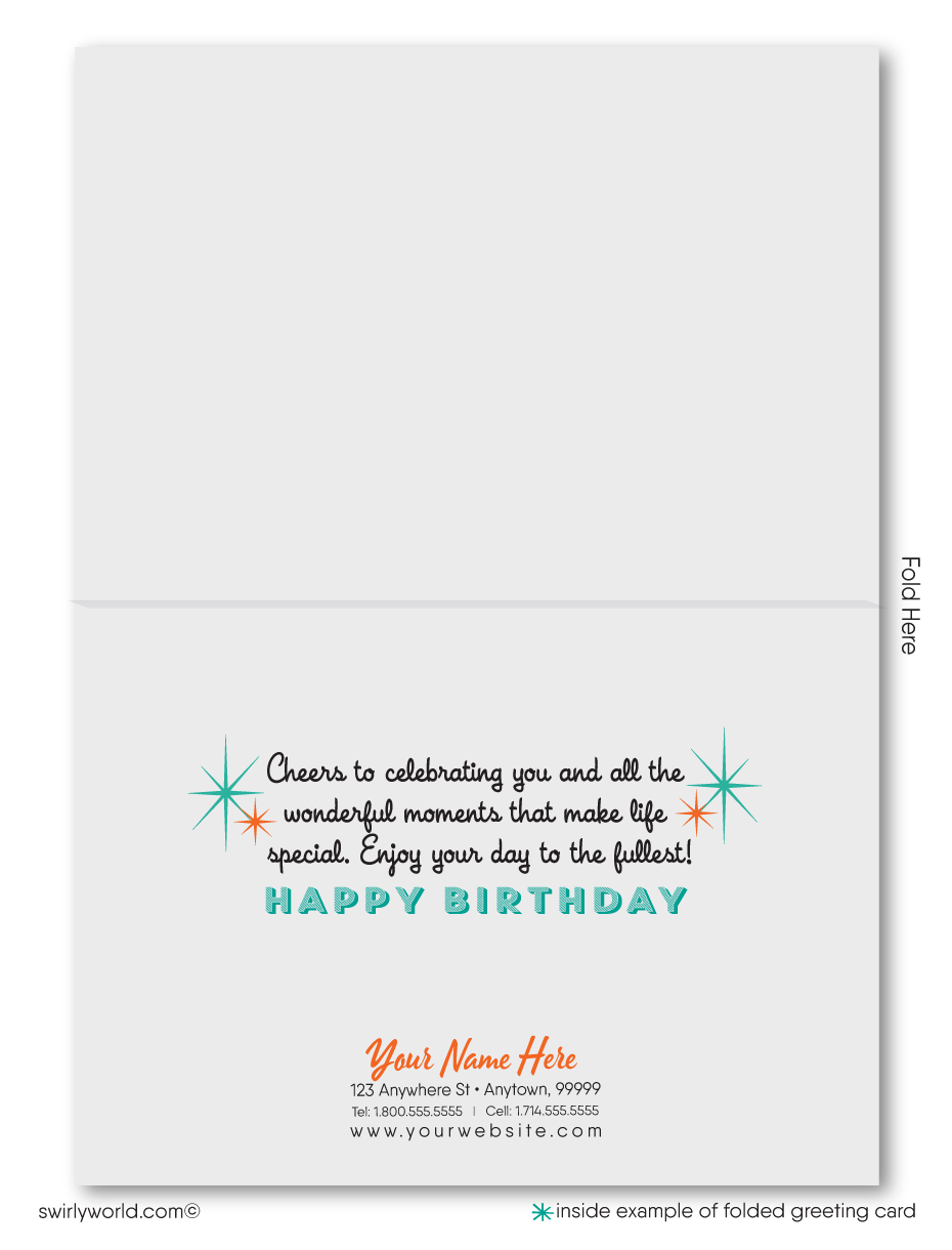 Celebrate your clients' special day with our exclusive Happy Birthday cards featuring retro-style typography on an orange cross-stitch pattern background. Choose between folded or flat cards. Printed on thick card stock with matching envelopes. Upgrade to customized envelopes with your logo for a professional touch.