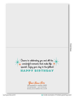 Celebrate your clients' special day with our exclusive Happy Birthday cards featuring retro-style typography on an orange cross-stitch pattern background. Choose between folded or flat cards. Printed on thick card stock with matching envelopes. Upgrade to customized envelopes with your logo for a professional touch.