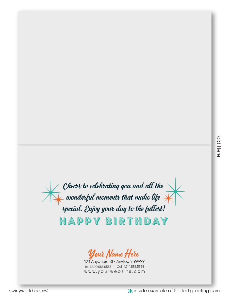 Celebrate your clients' special day with our exclusive Happy Birthday cards featuring retro-style typography on an orange cross-stitch pattern background. Choose between folded or flat cards. Printed on thick card stock with matching envelopes. Upgrade to customized envelopes with your logo for a professional touch.