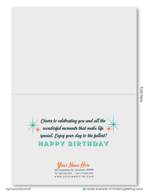 Celebrate your clients' special day with our exclusive Happy Birthday cards featuring retro-style typography on an orange cross-stitch pattern background. Choose between folded or flat cards. Printed on thick card stock with matching envelopes. Upgrade to customized envelopes with your logo for a professional touch.
