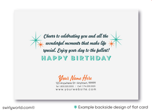 Celebrate your clients' special day with our exclusive Happy Birthday cards featuring retro-style typography on an orange cross-stitch pattern background. Choose between folded or flat cards. Printed on thick card stock with matching envelopes. Upgrade to customized envelopes with your logo for a professional touch.