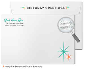 Celebrate your clients' special day with our exclusive Happy Birthday cards featuring retro-style typography on an orange cross-stitch pattern background. Choose between folded or flat cards. Printed on thick card stock with matching envelopes. Upgrade to customized envelopes with your logo for a professional touch.