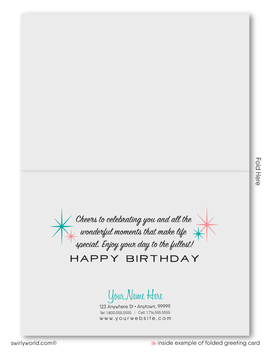 Celebrate your clients' special day with our unique 1950s retro mid-century modern Happy Birthday card. Featuring an aqua blue and pink color palette, retro-style lettering, and atomic starbursts. Available as folded or flat cards, printed on thick card stock with matching envelopes. Upgrade to customized envelopes with your logo for a professional touch.