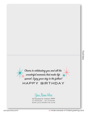 Celebrate your clients' special day with our unique 1950s retro mid-century modern Happy Birthday card. Featuring an aqua blue and pink color palette, retro-style lettering, and atomic starbursts. Available as folded or flat cards, printed on thick card stock with matching envelopes. Upgrade to customized envelopes with your logo for a professional touch.