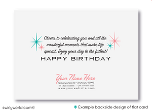 Celebrate your clients' special day with our unique 1950s retro mid-century modern Happy Birthday card. Featuring an aqua blue and pink color palette, retro-style lettering, and atomic starbursts. Available as folded or flat cards, printed on thick card stock with matching envelopes. Upgrade to customized envelopes with your logo for a professional touch.