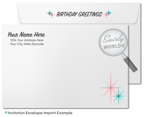 Celebrate your clients' special day with our unique 1950s retro mid-century modern Happy Birthday card. Featuring an aqua blue and pink color palette, retro-style lettering, and atomic starbursts. Available as folded or flat cards, printed on thick card stock with matching envelopes. Upgrade to customized envelopes with your logo for a professional touch.