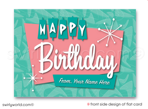 Celebrate your clients' special day with our unique 1950s retro mid-century modern Happy Birthday card. Featuring an aqua blue and pink color palette, retro-style lettering, and atomic starbursts. Available as folded or flat cards, printed on thick card stock with matching envelopes. Upgrade to customized envelopes with your logo for a professional touch.