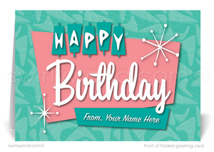 Celebrate your clients' special day with our unique 1950s retro mid-century modern Happy Birthday card. Featuring an aqua blue and pink color palette, retro-style lettering, and atomic starbursts. Available as folded or flat cards, printed on thick card stock with matching envelopes. Upgrade to customized envelopes with your logo for a professional touch.