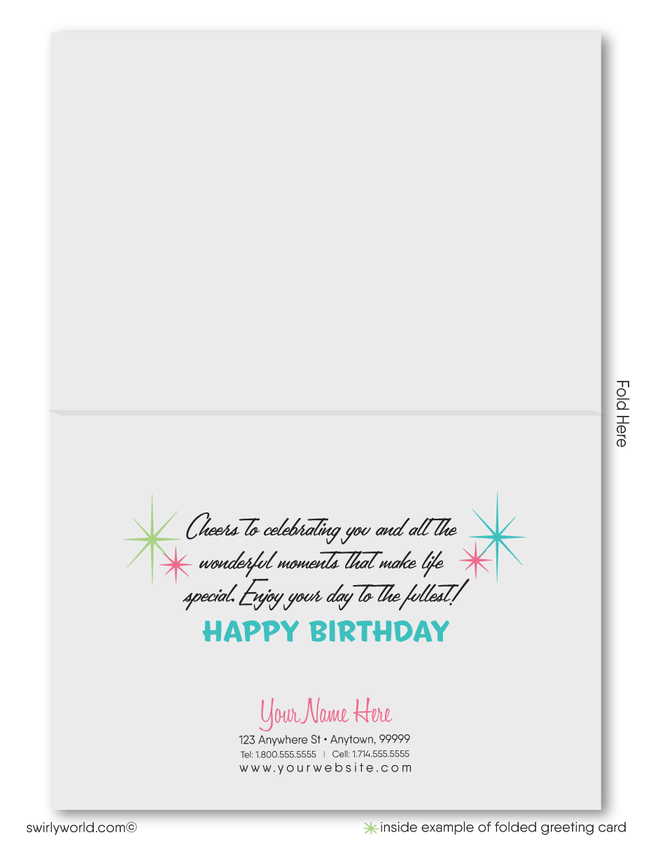 Celebrate your clients' special day with our 1950s retro mid-century modern Happy Birthday card. Featuring an aqua blue, pink, and green color palette, retro-style lettering, and atomic starbursts on a boomerang amoeba-shaped background. Available as folded or flat cards, printed on thick card stock with matching envelopes. Upgrade to customized envelopes with your logo for a professional touch.